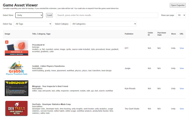 game developer assets inventory db viewer